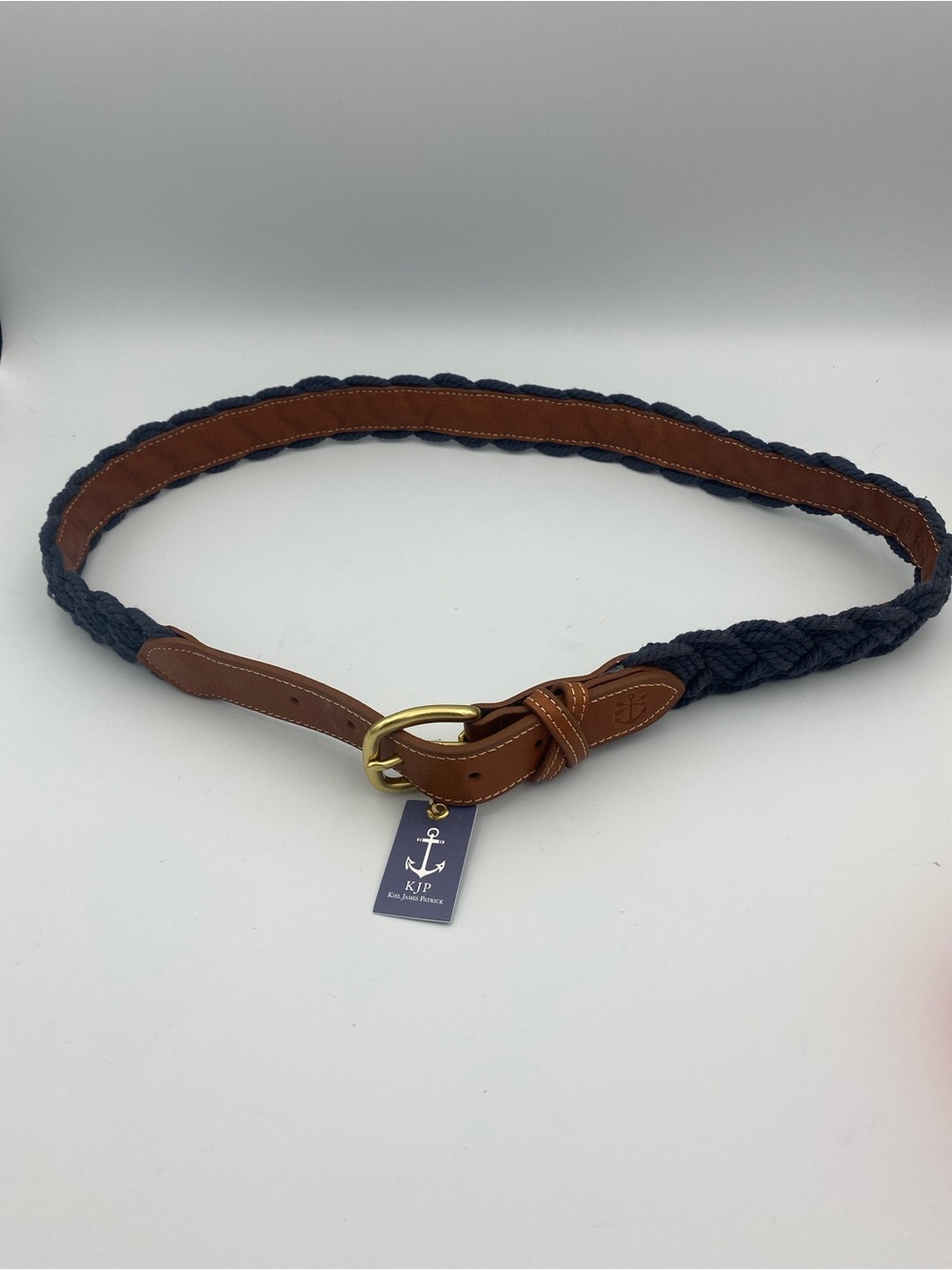 Kiel James Patrick Navy Braided Belt with Brown Leather and Brass Buckle
